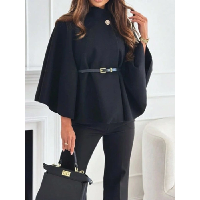 HAKİM YAKA KEMER DETAYLI siyah kemer secenekli KAŞE PANÇO kahve rengi kemer