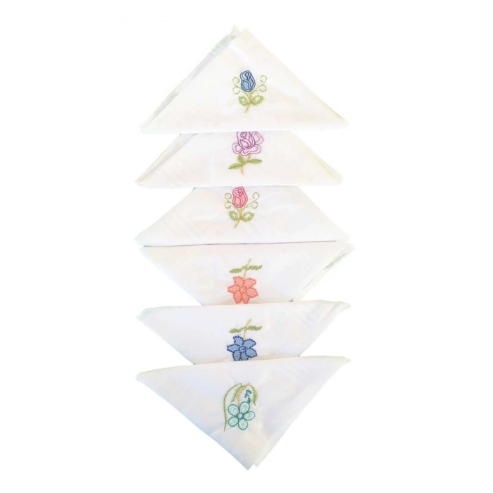 Hediyelik İşlemeli Bayan Mendili 6 lı Paket 28x28 cm 100 Pamuk