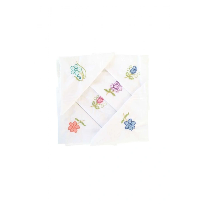 Hediyelik İşlemeli Bayan Mendili 6 lı Paket 28x28 cm 100 Pamuk
