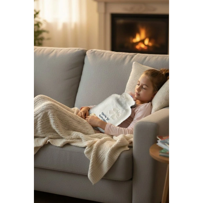 Hello Everyone Yazılı Kurdeleli Beyaz Peluş Sıcak Su Torbası 1 Lt – Yumuşak Kılıf, Uzun Süre Sıcak Tutan Termal Su Torbası