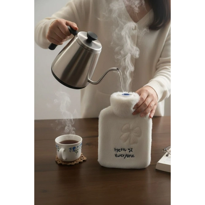 Hello Everyone Yazılı Kurdeleli Beyaz Peluş Sıcak Su Torbası 1 Lt – Yumuşak Kılıf, Uzun Süre Sıcak Tutan Termal Su Torbası