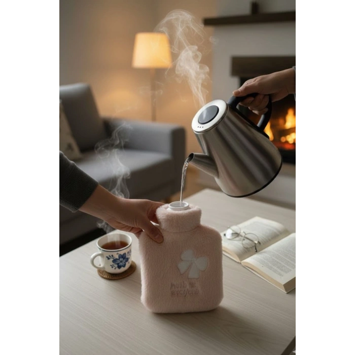 Hello Everyone Yazılı Kurdeleli Pembe Peluş Sıcak Su Torbası 1 Lt – Yumuşak Kılıf, Uzun Süre Sıcak Tutan Termal Su Torbası