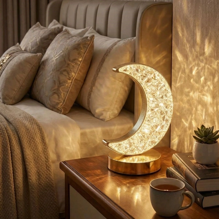 Hilal AY Model Kristal LED Masa Lambası – Dokunmatik, 3 Renk Işık Modlu, Şarjlı Mini Dekoratif Gece Lambası (5365)