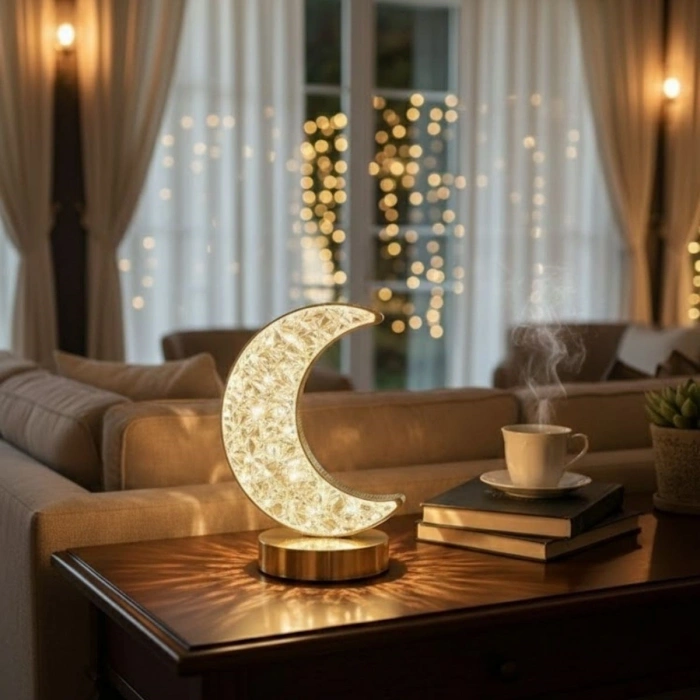Hilal AY Model Kristal LED Masa Lambası – Dokunmatik, 3 Renk Işık Modlu, Şarjlı Mini Dekoratif Gece Lambası (5365)