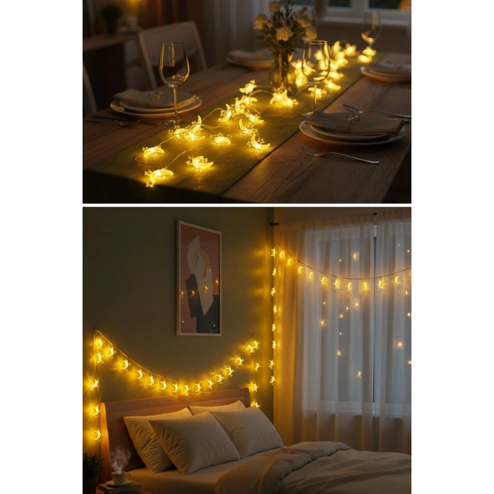 Hilal ve 3 Mini Yıldız Şekilli 3.5 Metre USB LED Işık – 20 LED’li Dekoratif Ramazan Dekorasyonu ve Ortam Aydınlatması hakkında ürün açıklaması