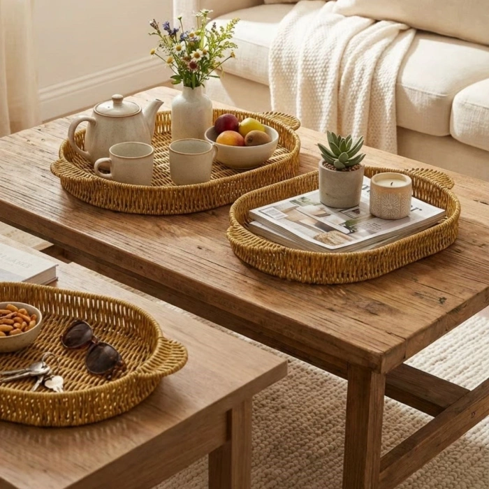 İç İçe Geçebilen 3’lü Oval Plastik Rattan Tepsi Seti–Hasır Görünümlü Çok Amaçlı Servis ve Sunum Tepsileri (5365)