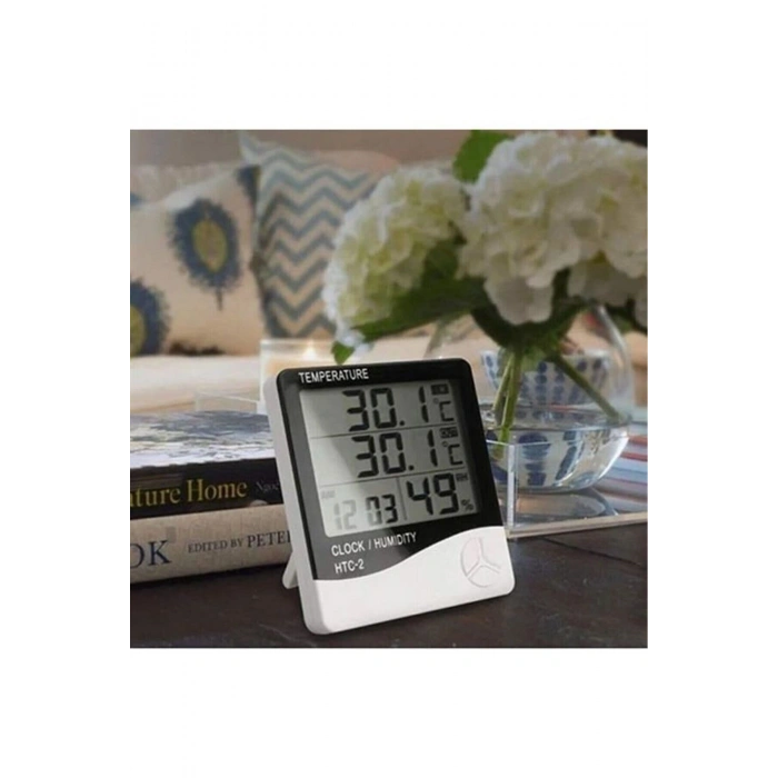 İç ve Dış Ortam Sıcaklığını Ölçebilen LCD Ekran Saat Göstergeli Alarmlı Nem Ölçer Termometre