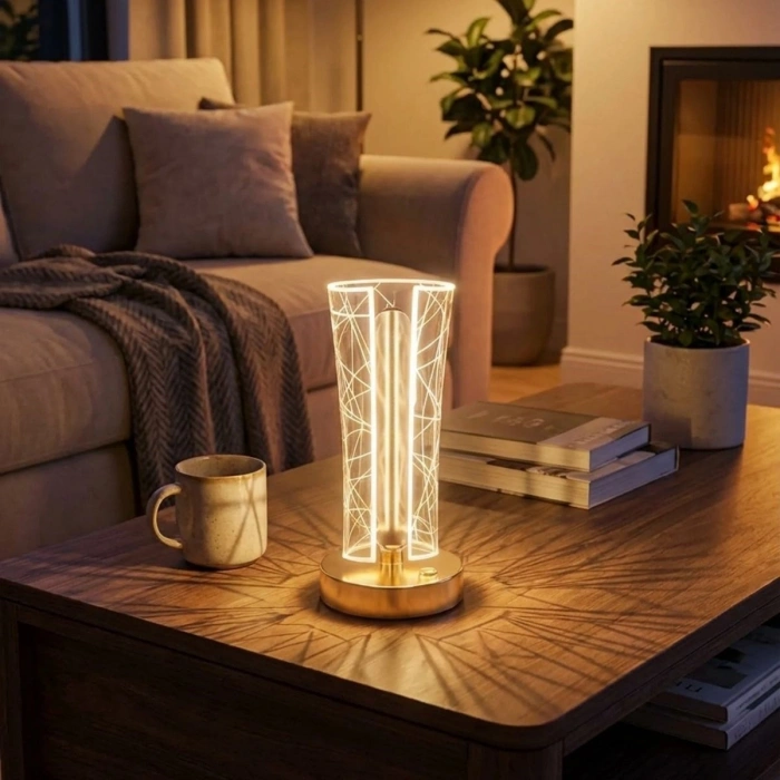 İki Yandan Kavisli Silindirik Geometrik Çizgi Model Kristal LED Masa Lambası – Dokunmatik, 3 Renk Işık Modlu, Şarjlı Dekoratif Gece Lambası (5365)