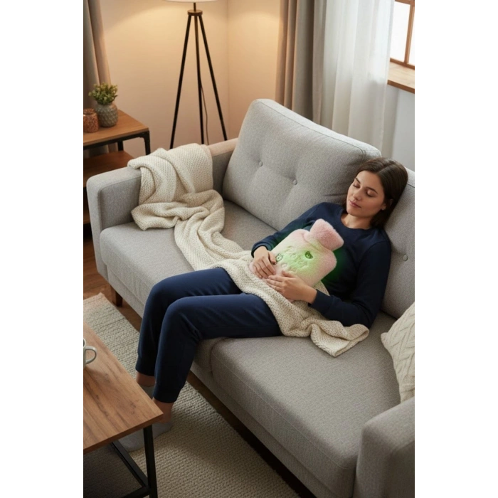 Işıklı Ayıcıklı Figürlü Pembe Peluş Sıcak Su Torbası 1 Lt – Yumuşak Kılıf, Uzun Süre Sıcak Tutan Termal Su Torbası