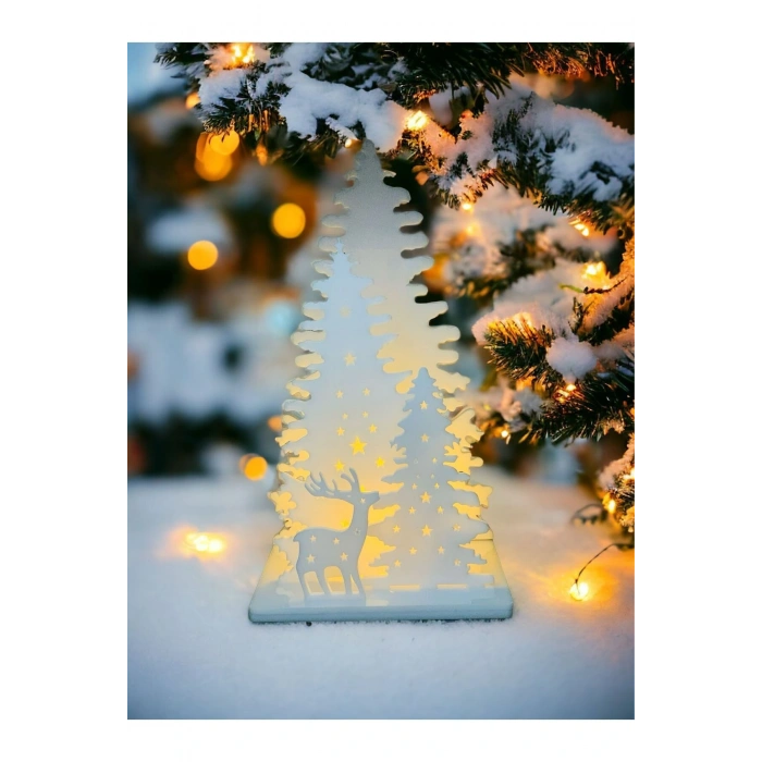 Işıklı Beyaz Yılbaşı Ağacı Geyikli Pleksi Masa Dekorasyonu Noel Süsü 20 Cm