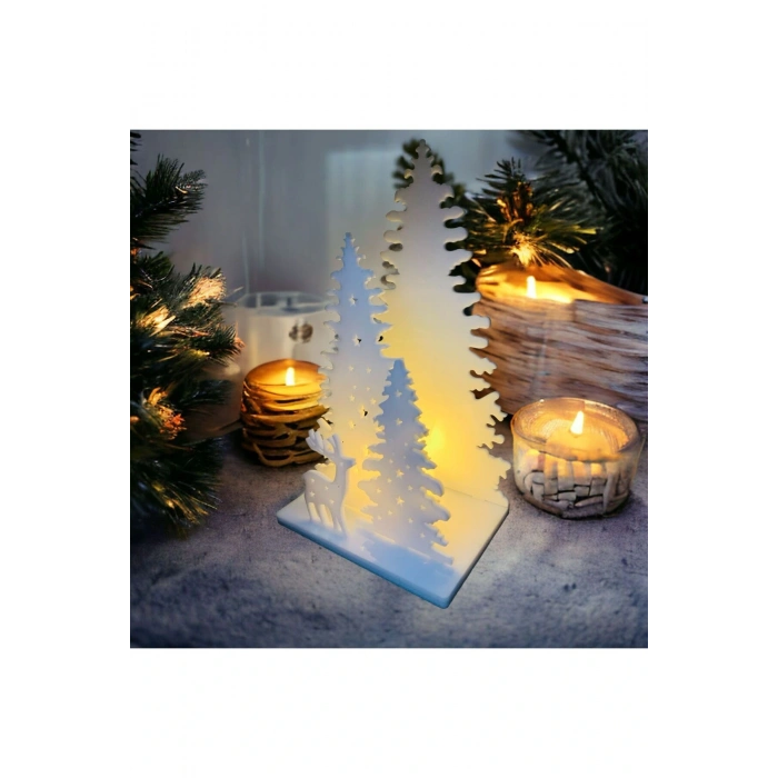 Işıklı Beyaz Yılbaşı Ağacı Geyikli Pleksi Masa Dekorasyonu Noel Süsü 20 Cm