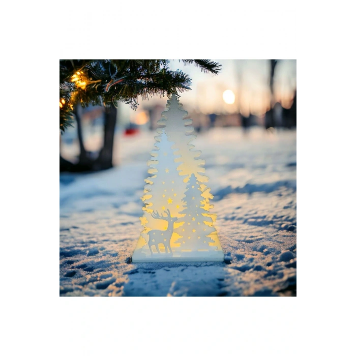 Işıklı Beyaz Yılbaşı Ağacı Geyikli Pleksi Masa Dekorasyonu Noel Süsü 20 Cm