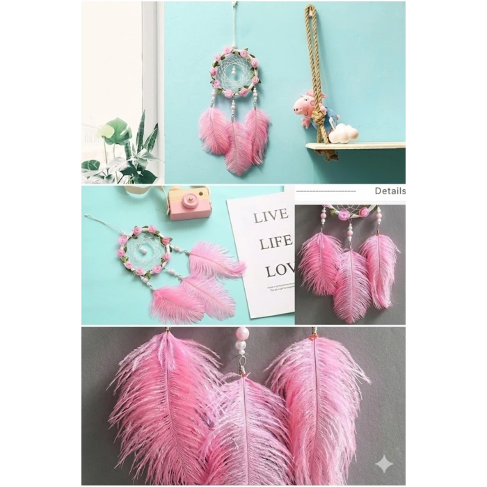 Işıklı Pembe Gül Detaylı El Yapımı Rüya Kapanı - Romantik Duvar Süsü & Hediyelik Düş Kapanı