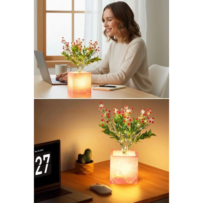 Işıklı Yapay Çiçek – Pembe Saksılı LED Dekoratif Bitki, Masaüstü ve Ev Ofis Aydınlatmalı Süs Bitkisi