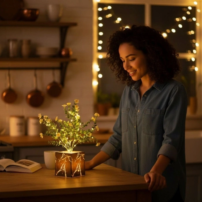 Illuminated Artificial Flower – Black Pot LED Decorative Plant, Desktop and Home Office Lighted Ornamental Plant (5365)