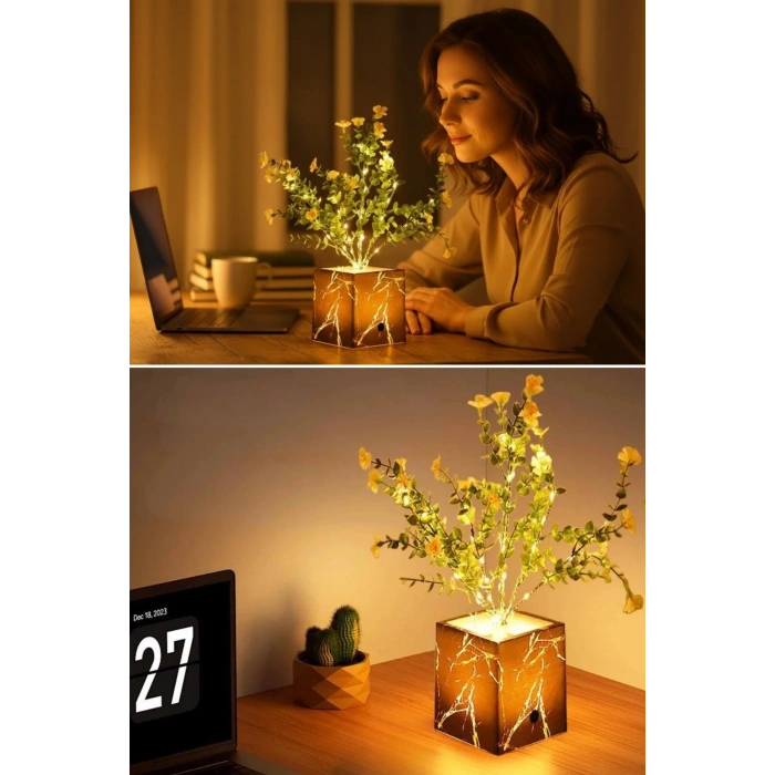 Işıklı Yapay Çiçek – Siyah Saksılı LED Dekoratif Bitki, Masaüstü ve Ev Ofis Aydınlatmalı Süs Bitkisi