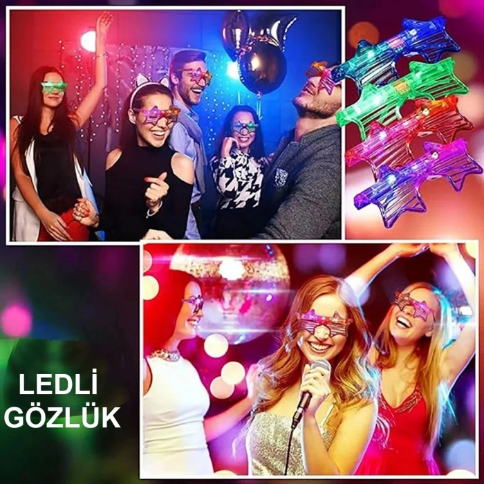 Işıklı Yıldız Gözlük Ledli Parti Gözlüğü 6 Renk 12 Adet (5365)
