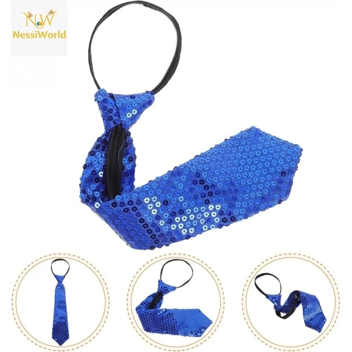 Işıltılı Mavi Pul Payetli Parti Kravatı 33 Cm