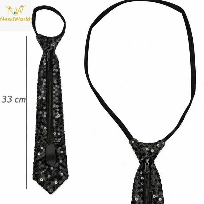 Işıltılı Siyah Pul Payetli Parti Kravatı 33 Cm