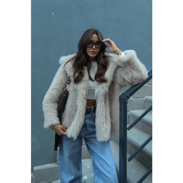Kadın Bej Premium Suni Kürk Ceket