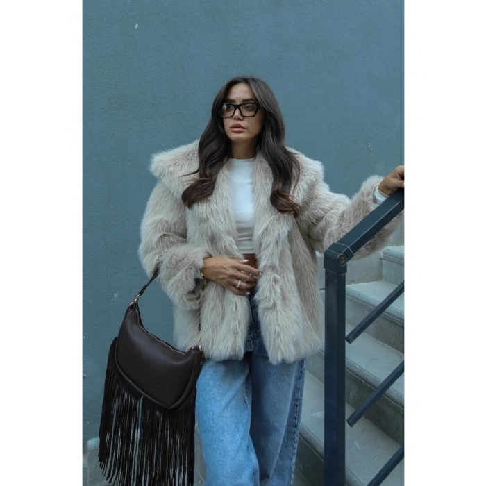 Kadın Bej Premium Suni Kürk Ceket