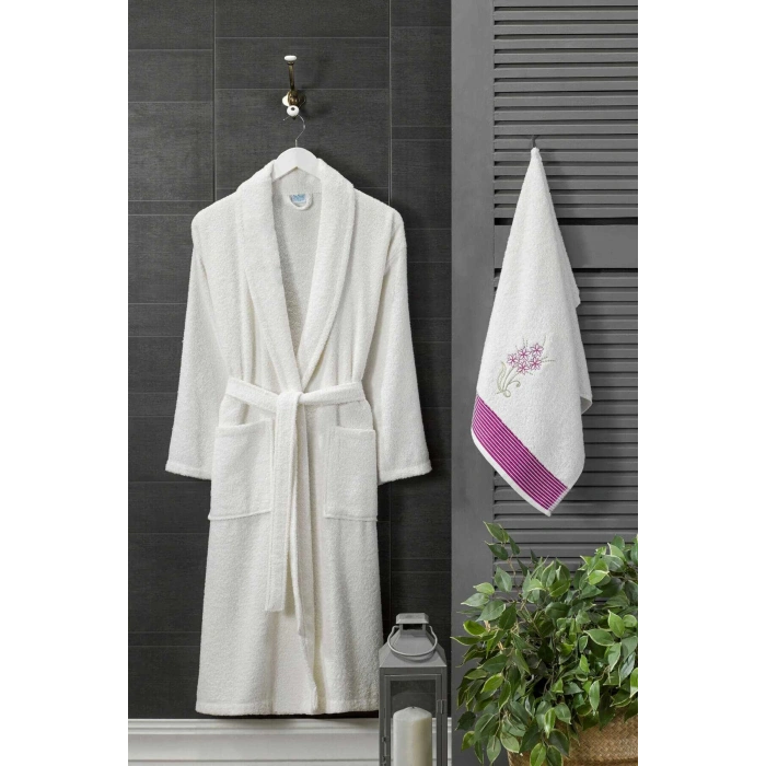 Kadın Havlulu Banyo Bornoz Takımı %100 Pamuklu Beyaz