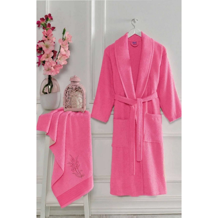 Kadın Havlulu Banyo Bornoz Takımı %100 Pamuklu Fuşya