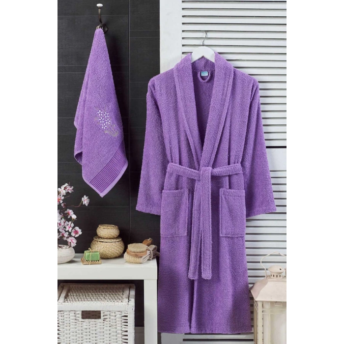 Kadın Havlulu Banyo Bornoz Takımı %100 Pamuklu Lavanta