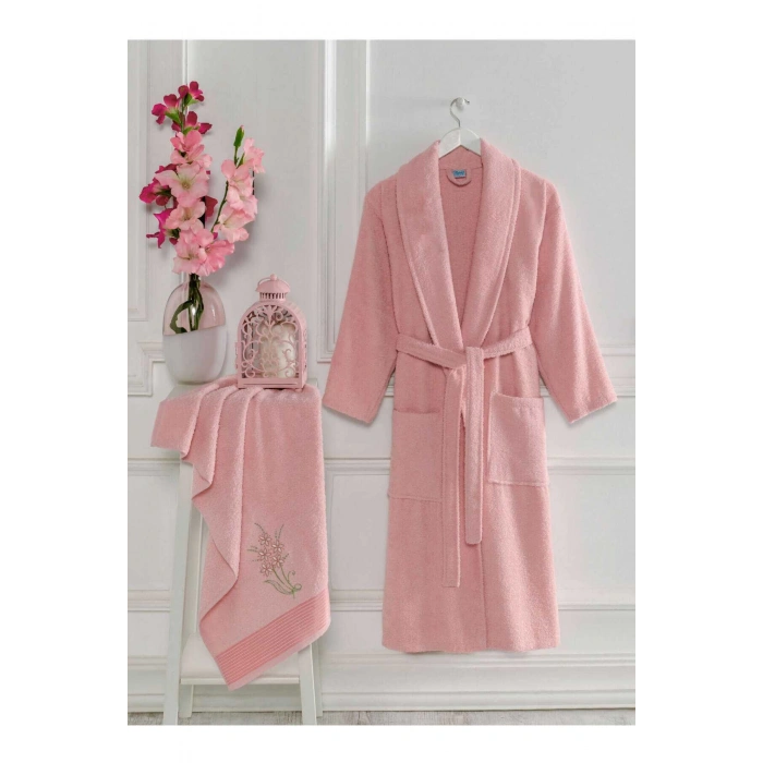 Kadın Havlulu Banyo Bornoz Takımı %100 Pamuklu Pembe