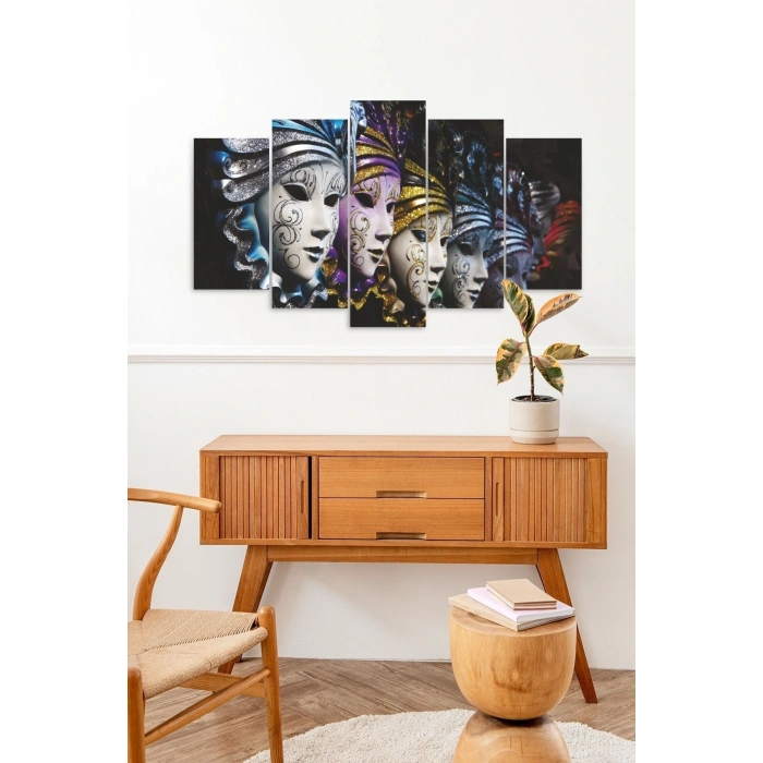 Kadın Maskeler Manzarası 5 Parçalı Mdf Tablo 60 x 100