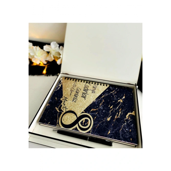 Kadınlar Günü Ahşap Kutulu Ahşap Defter Kalem Seti