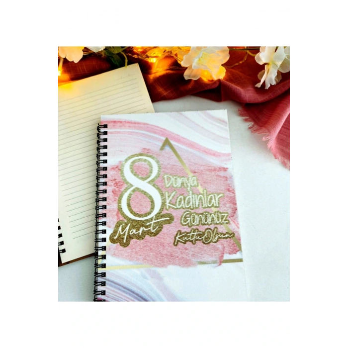 Kadınlar Günü Pembe Gold Baskılı Ahşap Defter