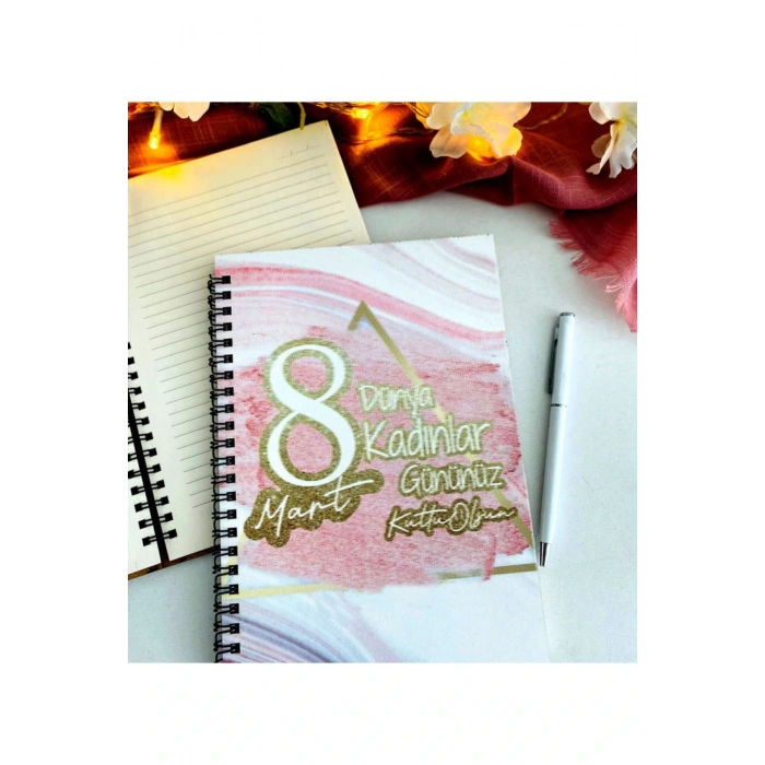 Kadınlar Günü Pembe Gold Defter Kalem Seti