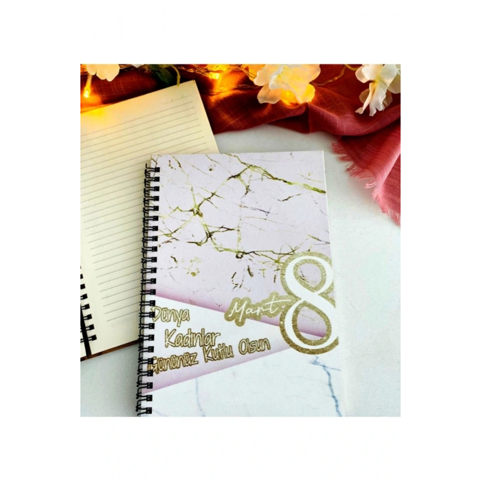 Kadınlar Günü Pembe Gold Mermer Desen Baskılı Ahşap Defter