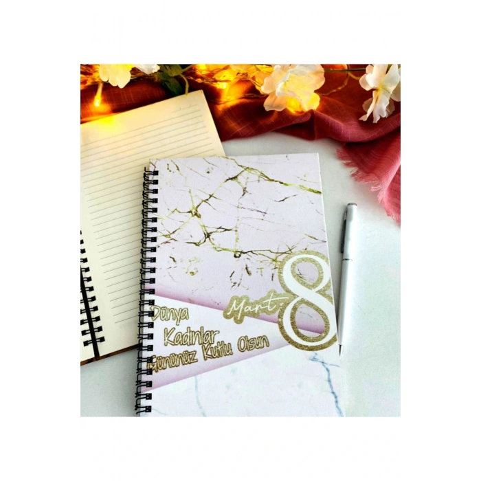 Kadınlar Günü Pembe Gold Mermer Desen Defter Kalem Seti