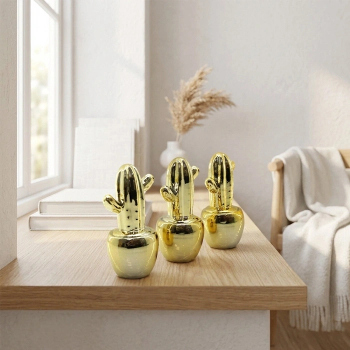 Cactus Design Figurine - Medium Size - Ceramic - Shiny Gold