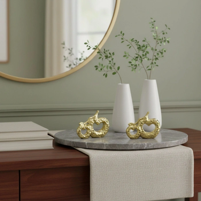 Heart-Shaped Double Apple Design Figurine - Medium Size - Ceramic - Shiny Gold