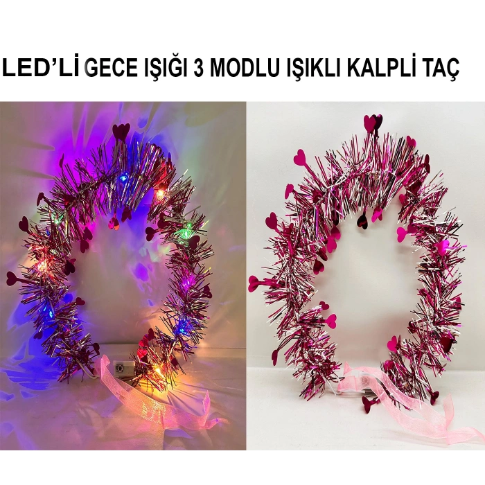 Kalp Püsküllü Gece Parıltısı 3 Modlu LED'li Işıklı Taç Fuşya Renk (5365)