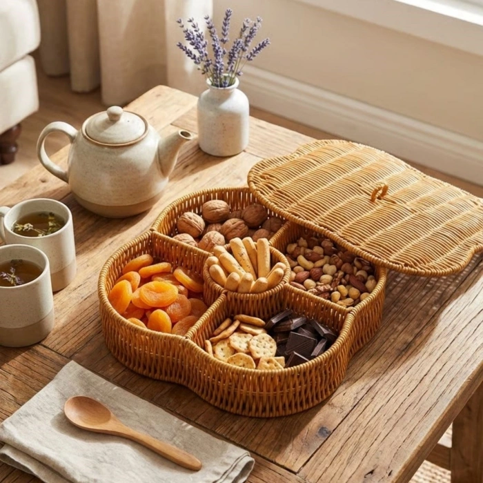 Kapaklı 5 Bölmeli Plastik Rattan Organizer Kutu – Hasır Desenli Çok Amaçlı Saklama ve Sunum Sepeti Çerezlik (5365)