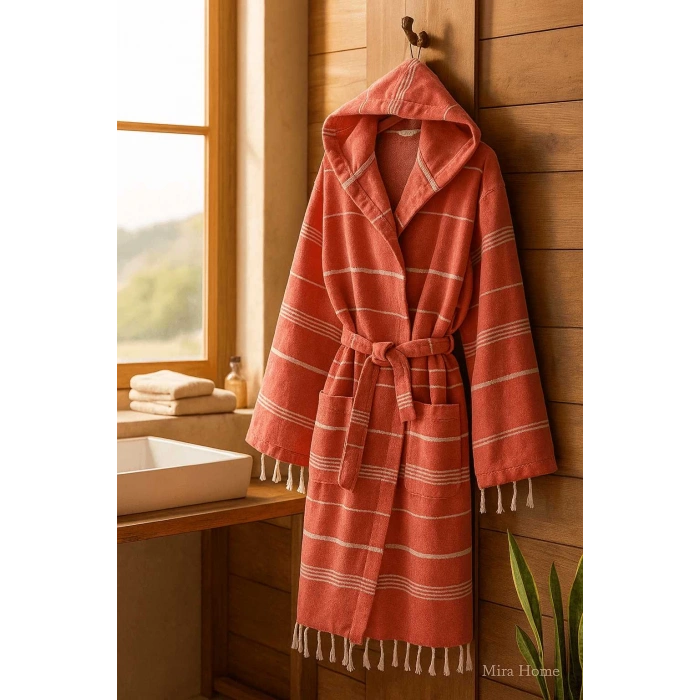 Kapşonlu Çizgili Unisex Banyo Plaj Peştemal Bornozu %100 Pamuklu Linetouch Kiremit
