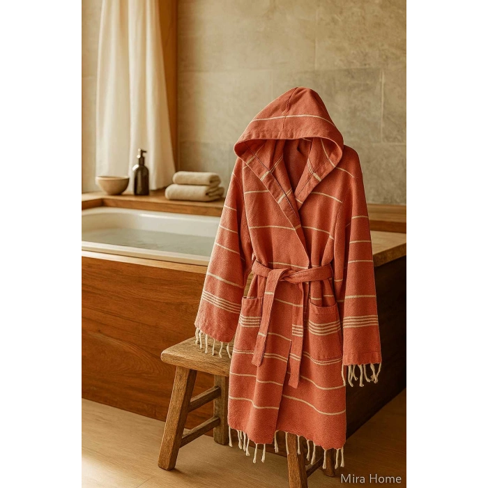 Kapşonlu Çizgili Unisex Banyo Plaj Peştemal Bornozu %100 Pamuklu Linetouch Kiremit