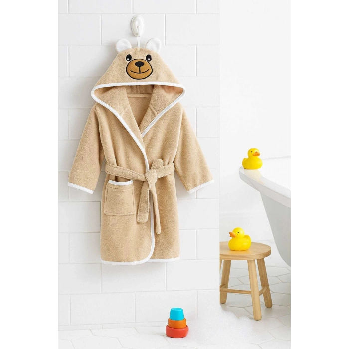 Kapşonlu Unisex %100 Pamuklu Çocuk Banyo Bornozu Bear