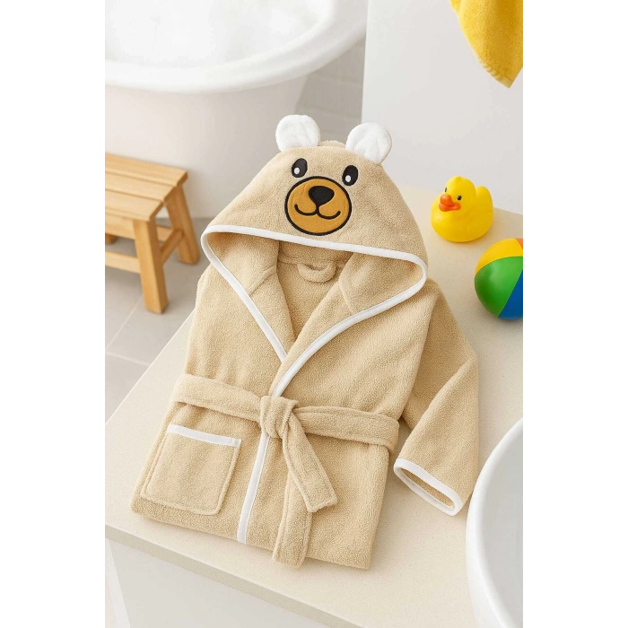 Kapşonlu Unisex %100 Pamuklu Çocuk Banyo Bornozu Bear