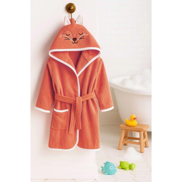 Kapşonlu Unisex %100 Pamuklu Çocuk Banyo Bornozu Fox