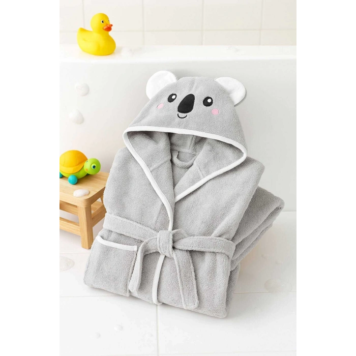 Kapşonlu Unisex %100 Pamuklu Çocuk Banyo Bornozu Koala