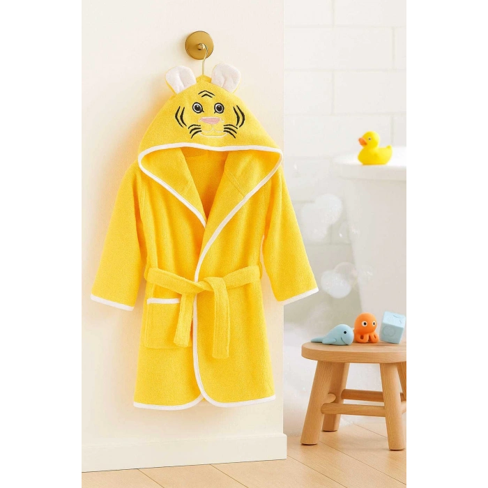 Kapşonlu Unisex %100 Pamuklu Çocuk Banyo Bornozu Tiger