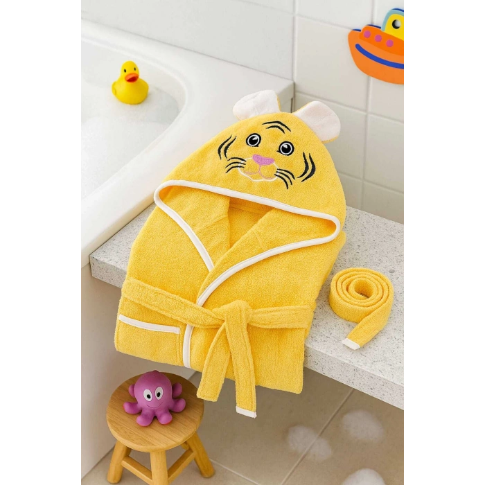 Kapşonlu Unisex %100 Pamuklu Çocuk Banyo Bornozu Tiger