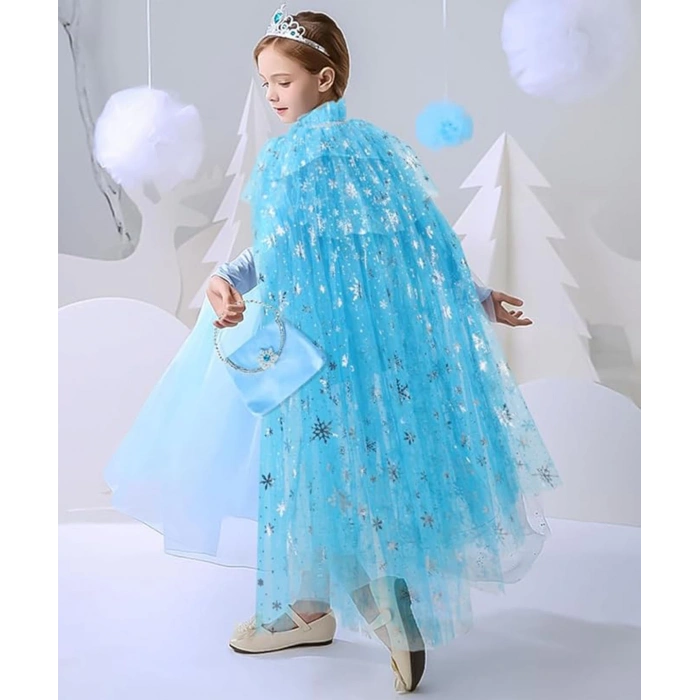 Karlar Ülkesi Elsa Frozen Mavi Pelerin – 80 cm Kar Desenli Çocuk Pelerini ( Taç Hariç ) (5365)
