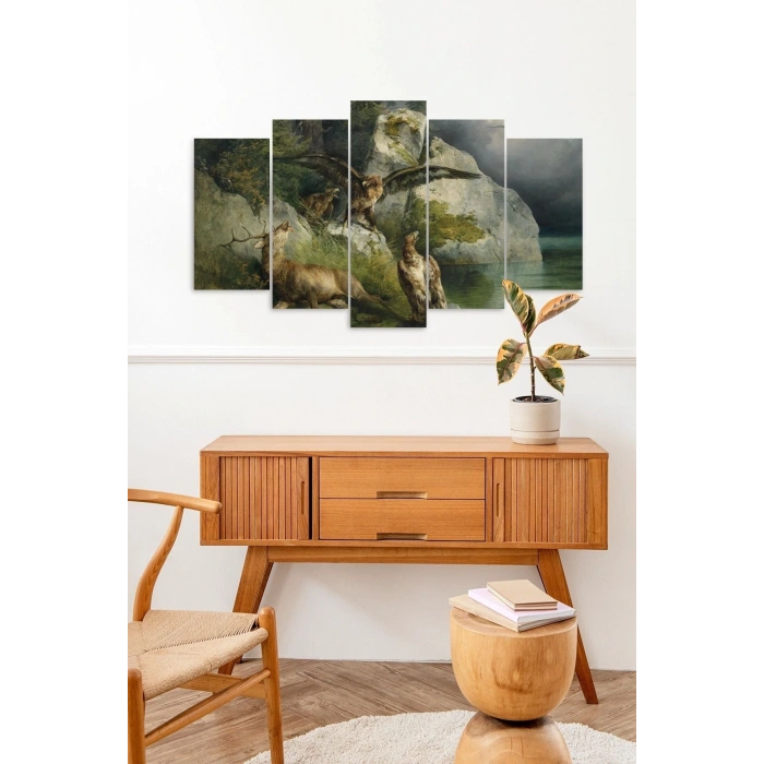 Kartal ve Geyikler 5 Parçalı Mdf Tablo 60 x 100