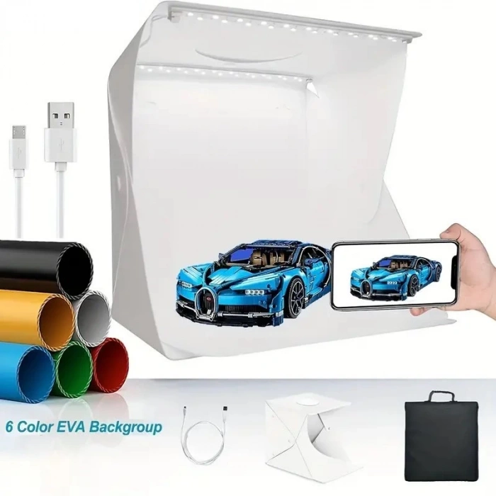 Katlanır Işıklı Fotoğraf Stüdyosu 40x40 cm 6 Renk Fonlu Ürün Çekimi İçin Uygun Fotoğraf Çekim Kutusu (5365)
